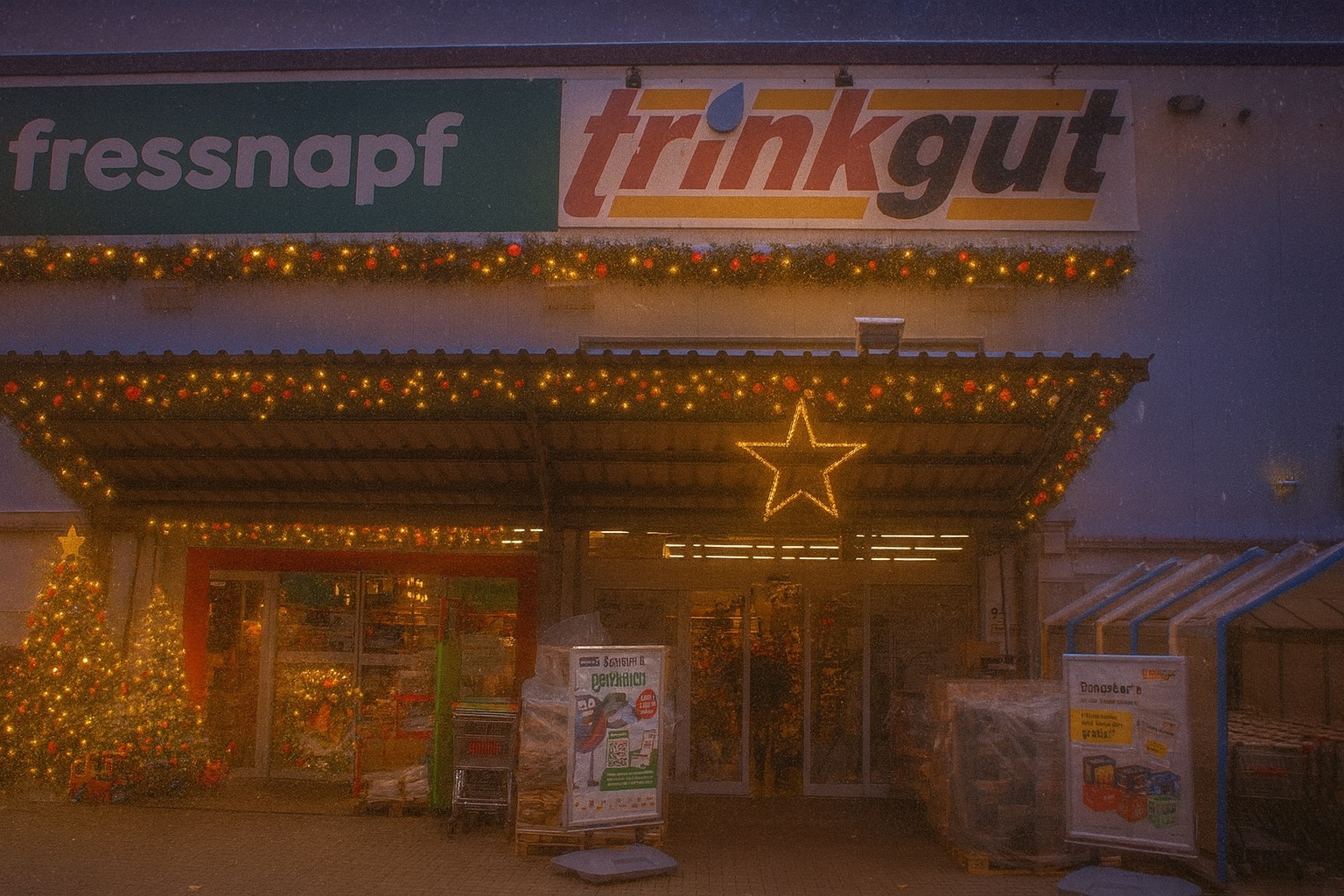 Trinkgut Gladbeck wurde besinnlich geschmückt. Schein in Dunkelheit.