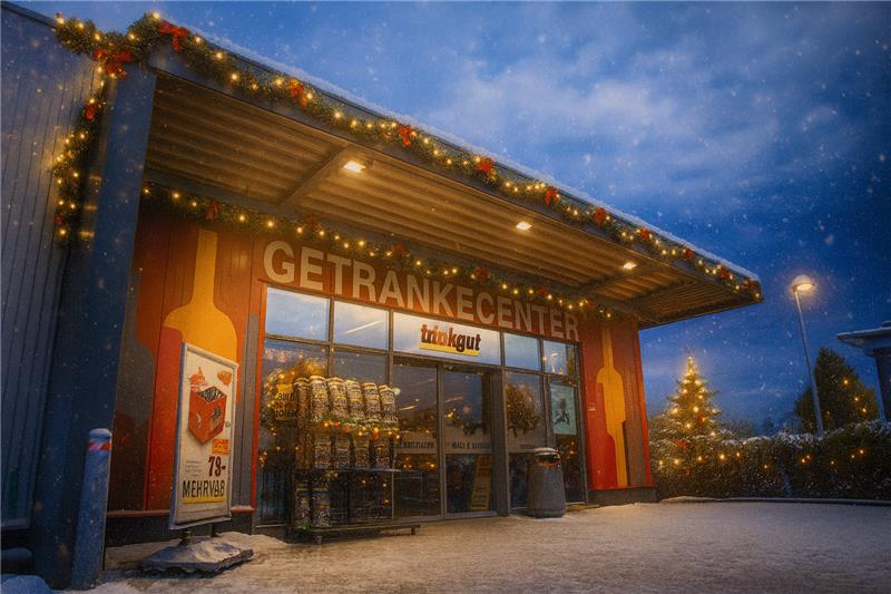 Schnee und geschmückter Eingangsbereich in Bottrop von Trinkgut Göldner.